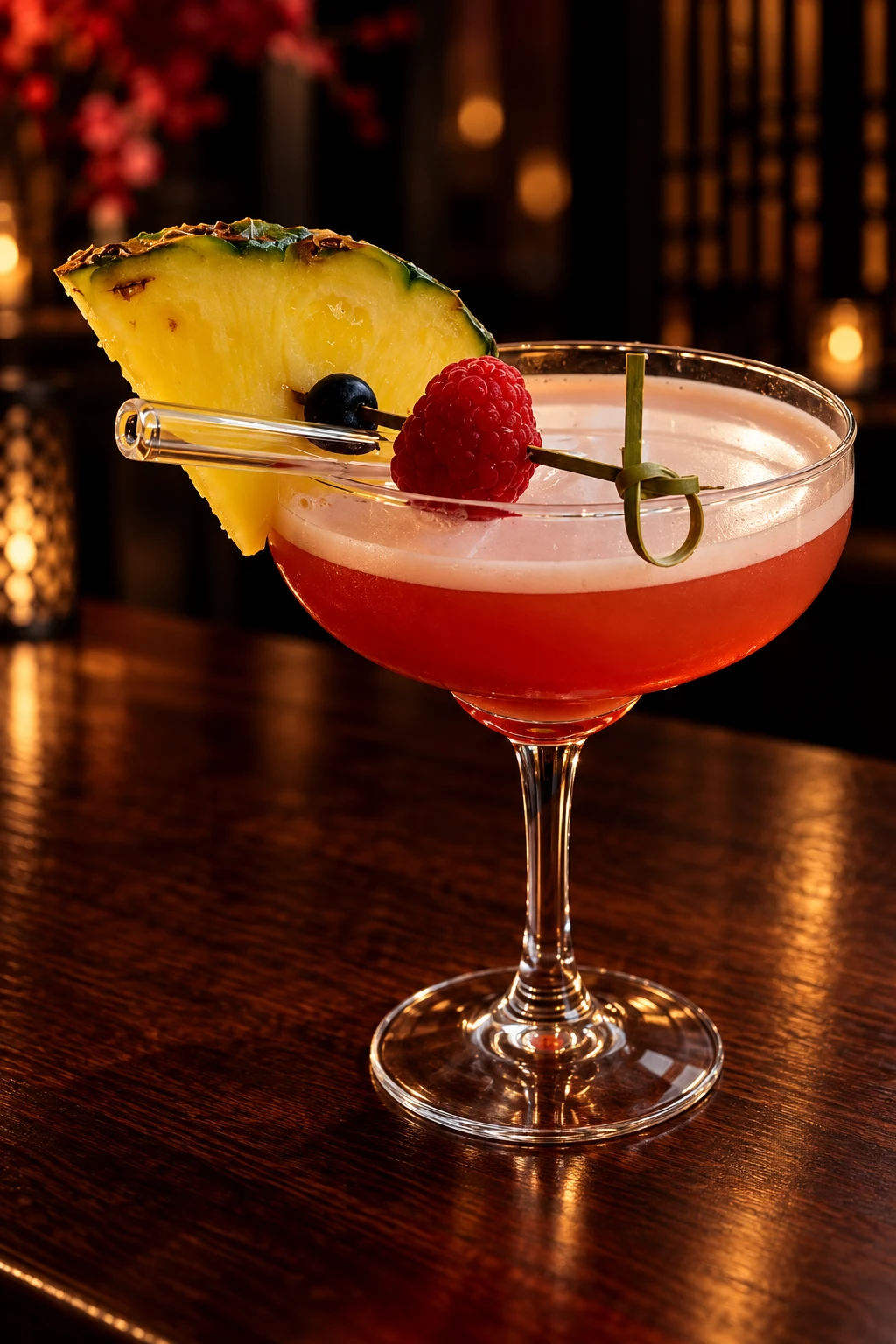 Roter Cocktail in einer Coupe mit Ananas und Beeren — KI-Bildkonzept nach einem Saigon-Gästefoto